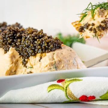 Salmon and dill mousse with caviar in white dish.