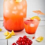 Shirley temple in glass and dispenser with maraschino cherries and orange wedges.