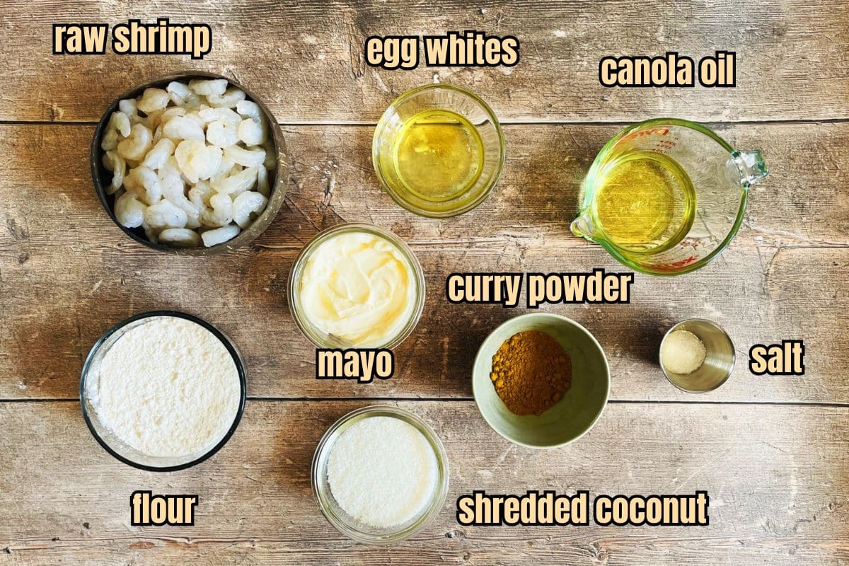 Skillet fried coconut shrimp ingredients prepped and labeled.