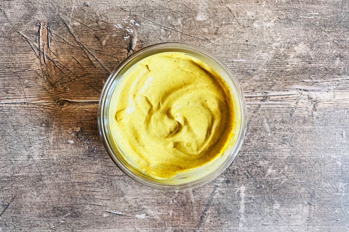 Curry mayo dip in bowl.