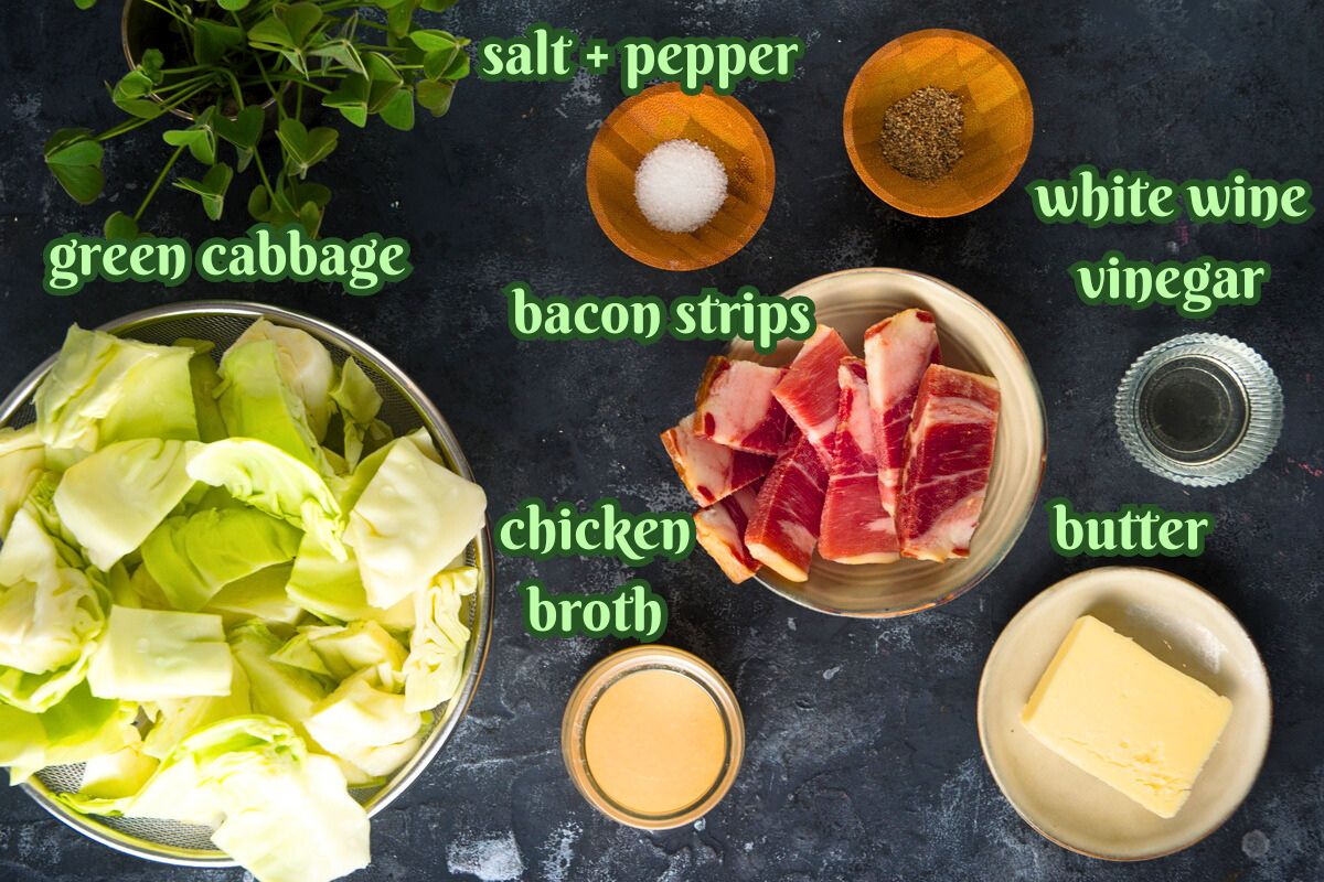 Raw cabbage, bacon and butter labeled on blue background.