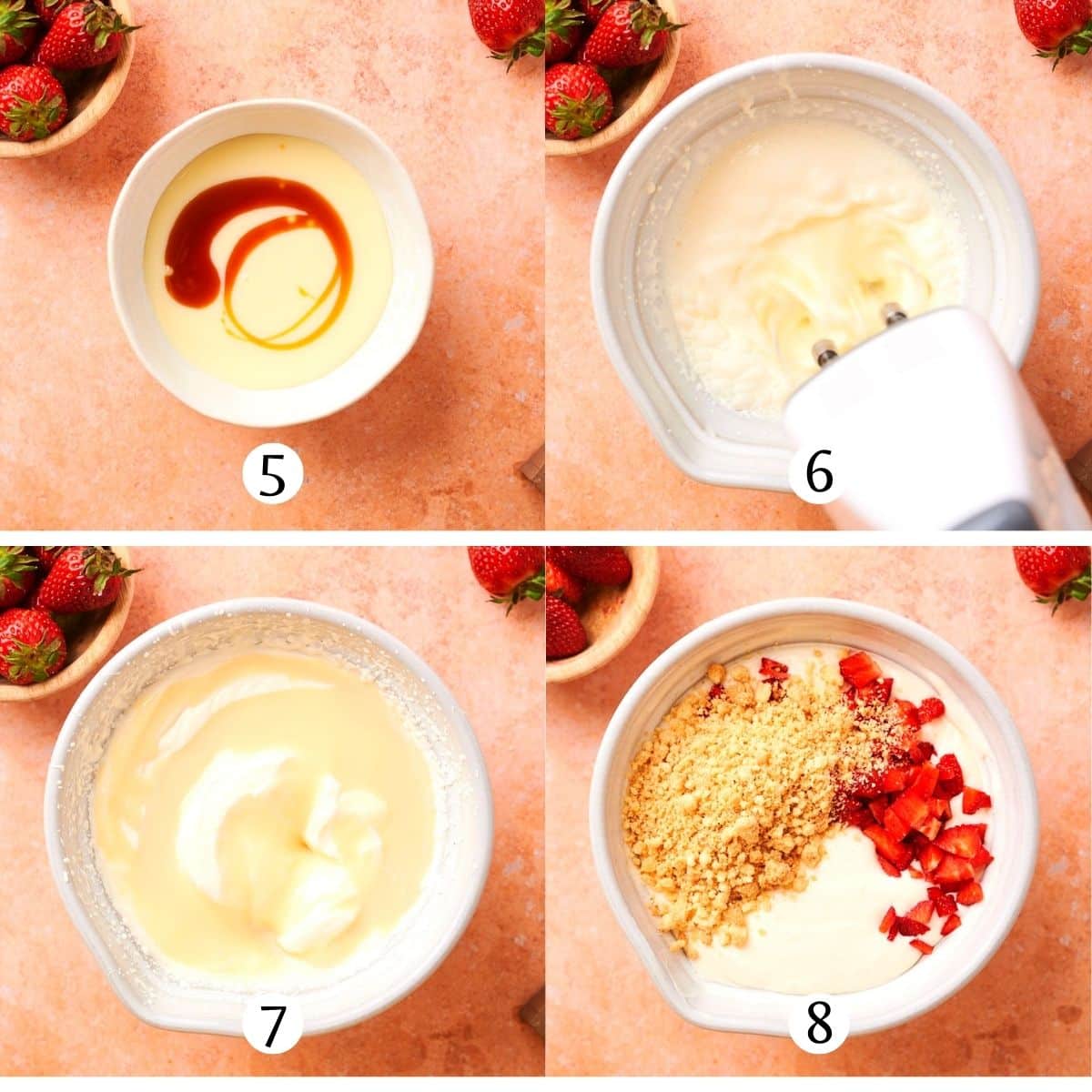 Strawberry shortcake ice cream steps collage, making the no churn ice cream.