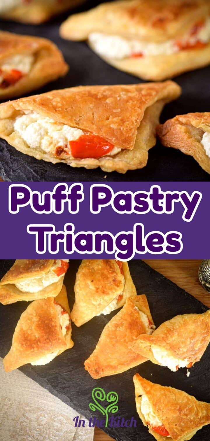 Stuffed puff pastry triangles on serving tray with text overlay that says 'Puff Pastry Triangles'.