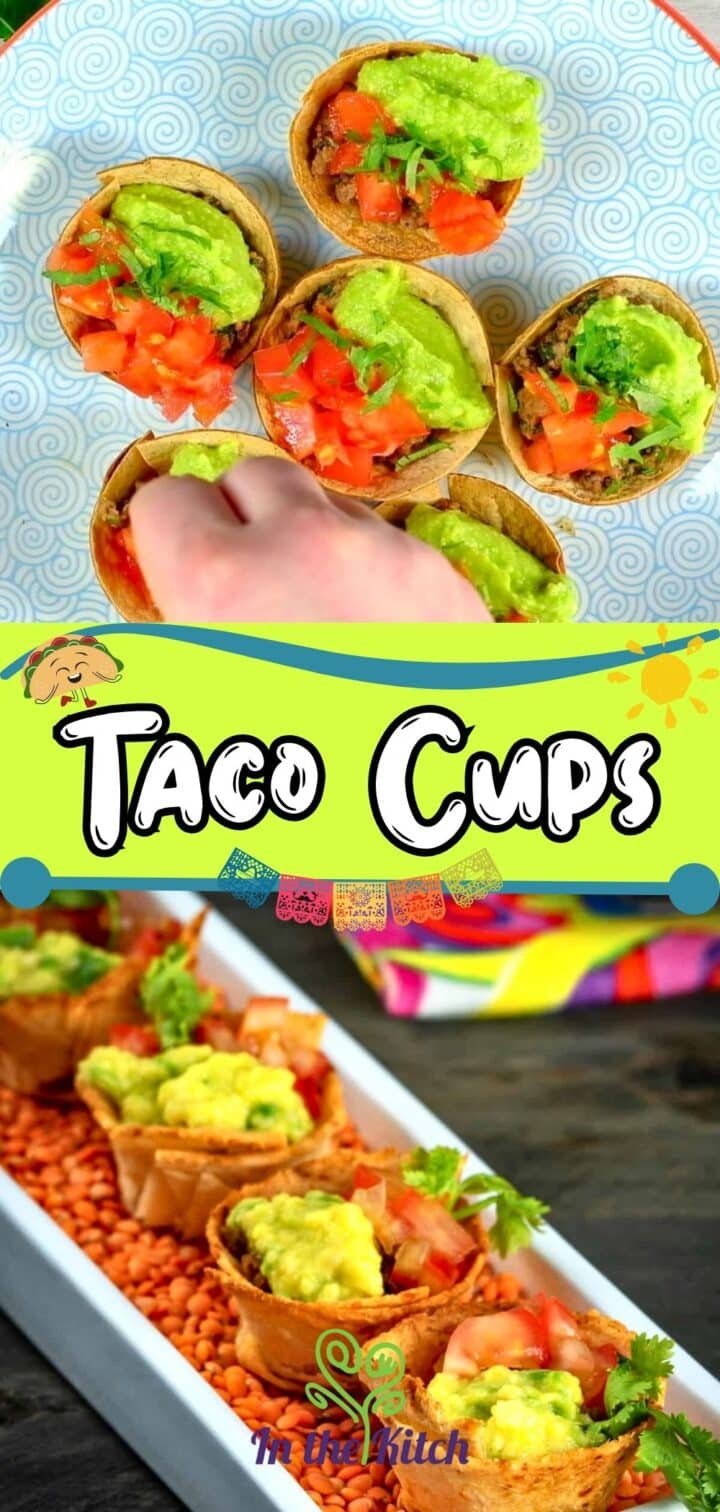 Images of mini tortilla cups with text overlay that says 'Taco Cups'.
