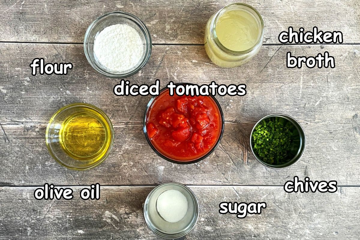 Tomato gravy ingredients prepped and labeled.