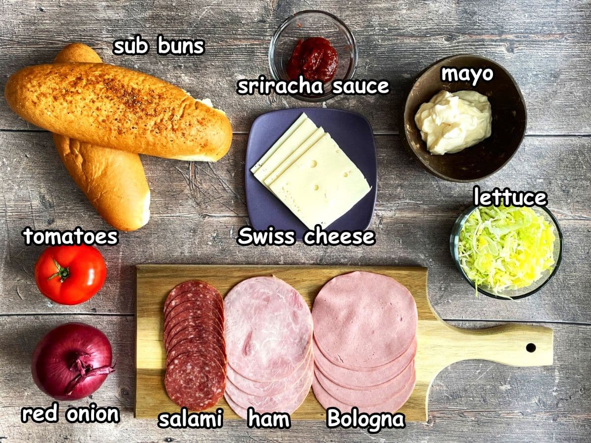 Sub sandwich ingredients prepped and labeled.