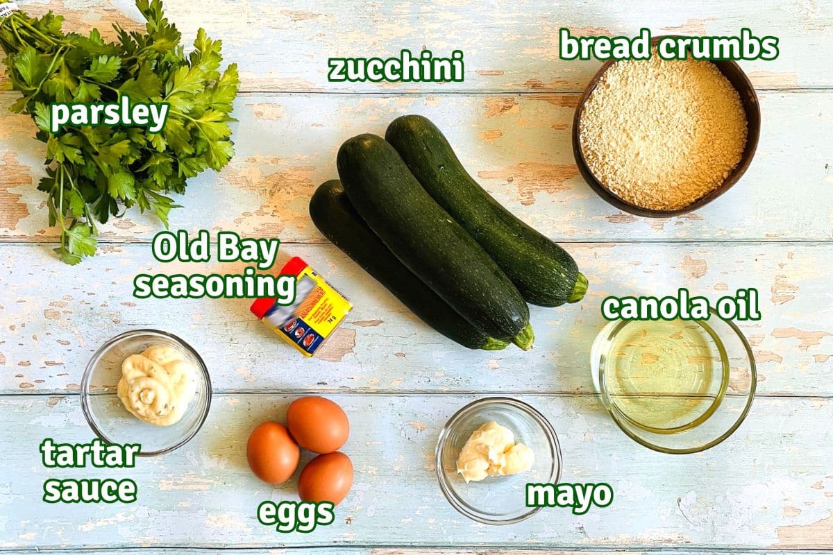 Vegetarian zucchini crab cakes ingredients prepped and labeled.