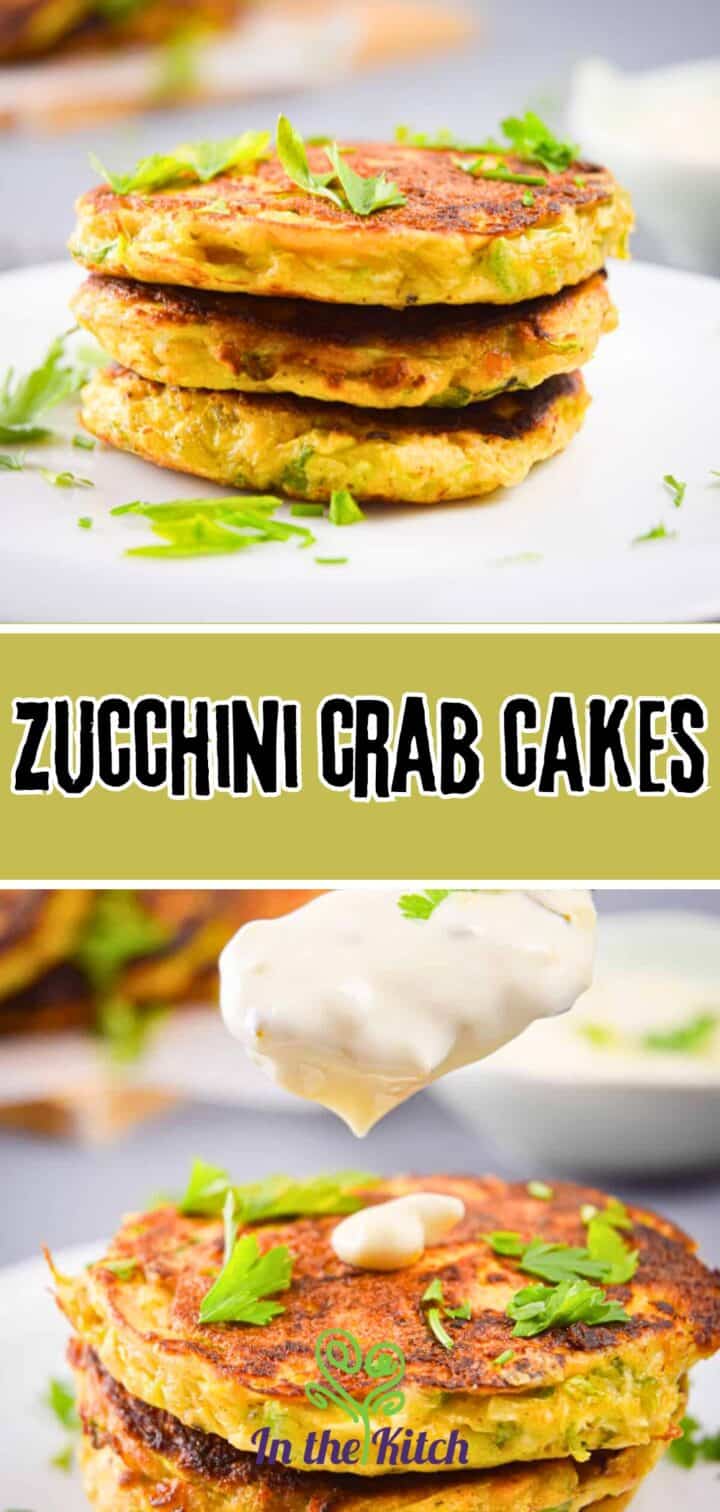 Zucchini mock crab cakes stacked on white plate with text overlay that says 'zucchini crab cakes'.